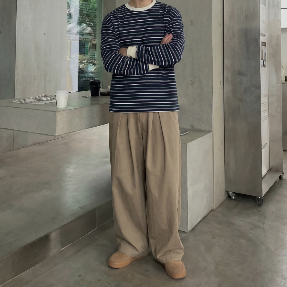 남자 봄 오버핏 긴팔티셔츠 롱슬리브 라운드 스트라이프 남자링거티 - 상세 이미지 3