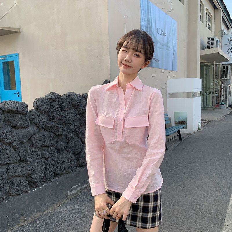 여성 캐주얼 데일리 면 자수 브이넥 오픈카라 더블포켓 루즈핏 롱슬리브 셔츠 블라우스 아우터 겸용 상의 - 상품 이미지