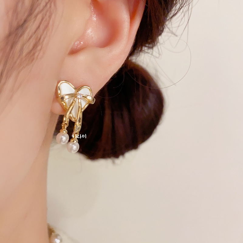 S925 화이트 블랙 하트 리본 진주 드롭귀걸이 러블리 이어링 이미지 8