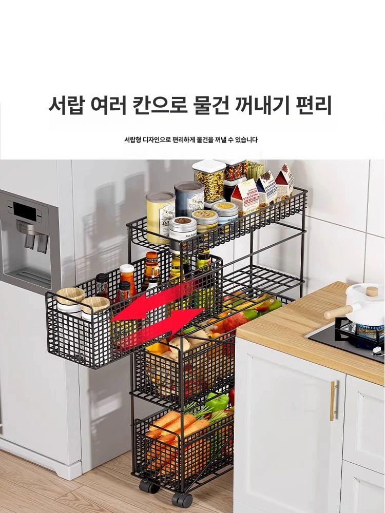 냉장고틈새수납장 주방 트레이 블랙 3단 선반 블랙 3단 (폭 24cm 길이 50cm) - 상세 이미지 2