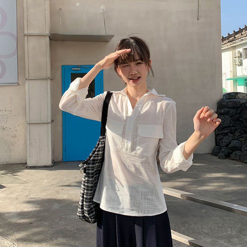 여성 캐주얼 데일리 면 자수 브이넥 오픈카라 더블포켓 루즈핏 롱슬리브 셔츠 블라우스 아우터 겸용 상의 - 상세 이미지 2