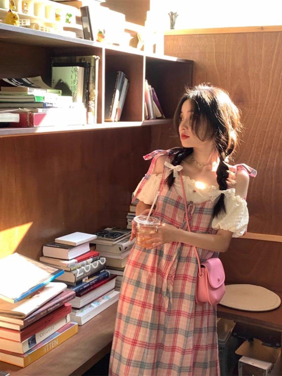 빅사이즈 공주풍 로리타원피스 멜빵 레이스 퍼프블라우스 페이크투피스 A라인 핑크 체크 봄 여름 롱원피스 - 상품 이미지