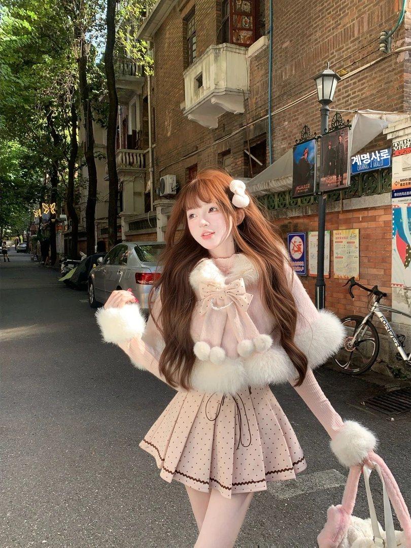 공주풍 양산형 로리타룩 핑크 겨울세트 퍼케이프 리본 포켓 도트 원피스 이너 쓰리피스 코디세트 - 상세 이미지 2