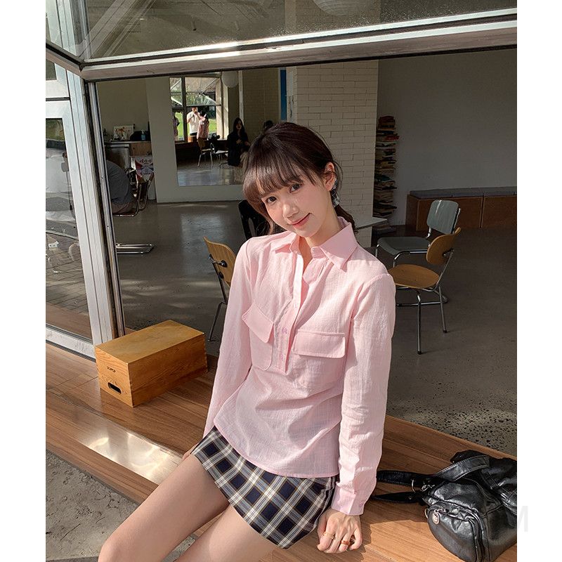 여성 캐주얼 데일리 면 자수 브이넥 오픈카라 더블포켓 루즈핏 롱슬리브 셔츠 블라우스 아우터 겸용 상의 - 상세 이미지 4