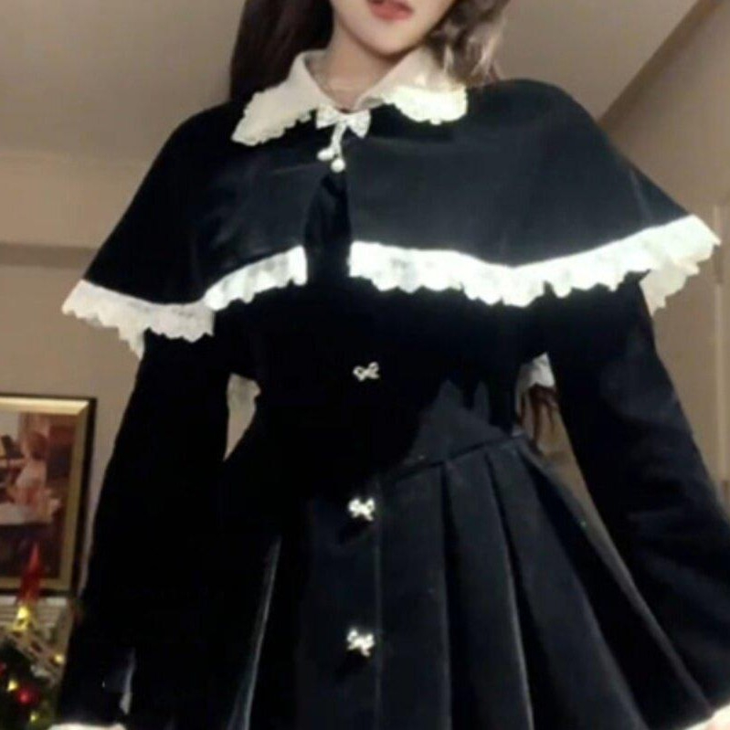 지뢰계 고스로리 케이프 원피스 가을 겨울 멘헤라 서브컬쳐패션 블랙 로리타 미니드레스 - 상품 이미지