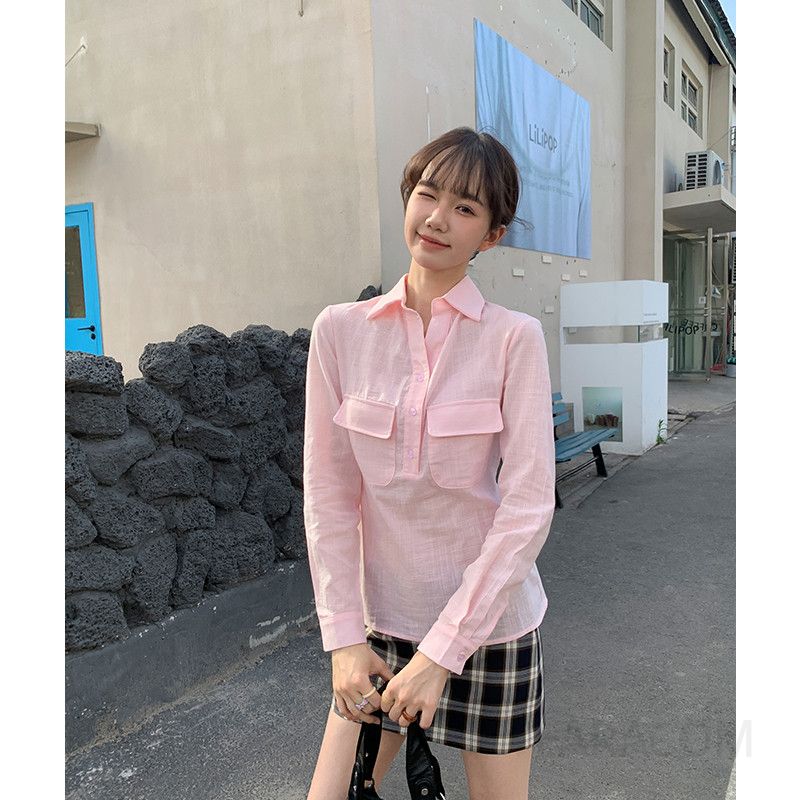 여성 캐주얼 데일리 면 자수 브이넥 오픈카라 더블포켓 루즈핏 롱슬리브 셔츠 블라우스 아우터 겸용 상의 이미지 6