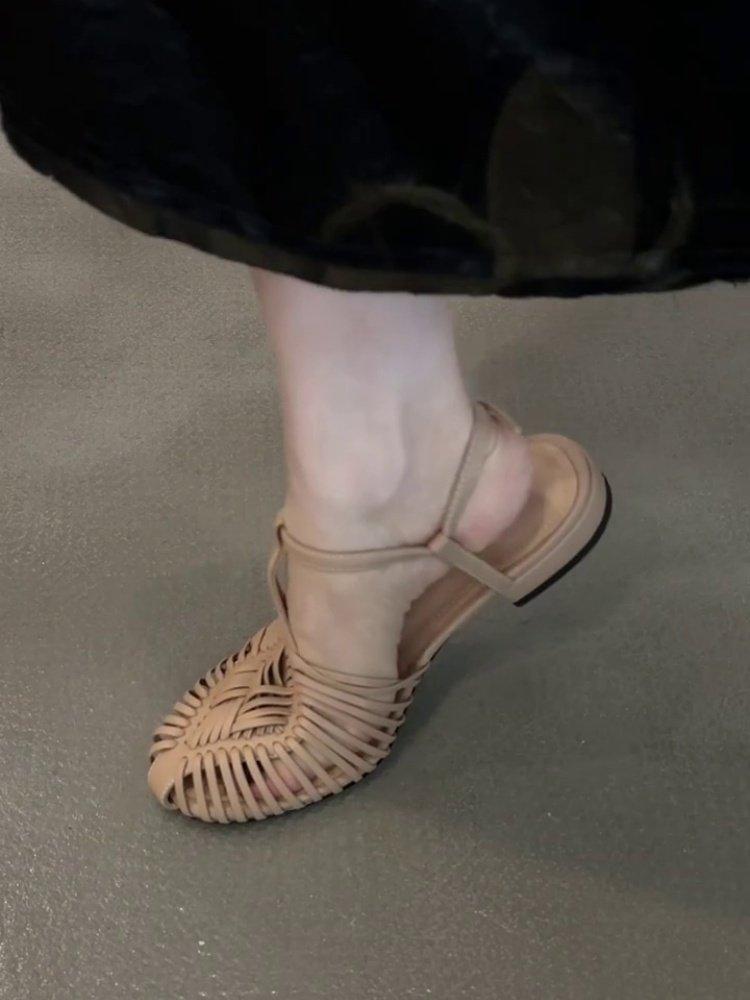 여성 천연 소가죽 위빙 펀칭 라운드 플랫샌들 리얼레더 보헤미안 - 상세 이미지 5