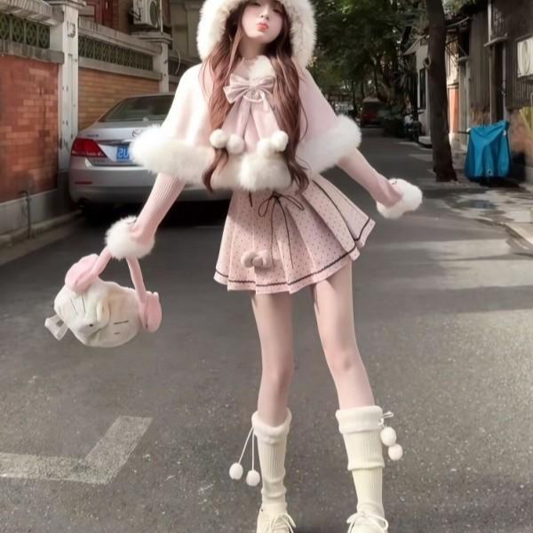 공주풍 양산형 로리타룩 핑크 겨울세트 퍼케이프 리본 포켓 도트 원피스 이너 쓰리피스 코디세트 - 상품 이미지
