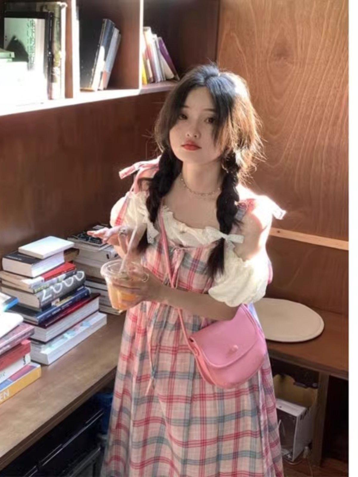 빅사이즈 공주풍 로리타원피스 멜빵 레이스 퍼프블라우스 페이크투피스 A라인 핑크 체크 봄 여름 롱원피스 - 상세 이미지 2