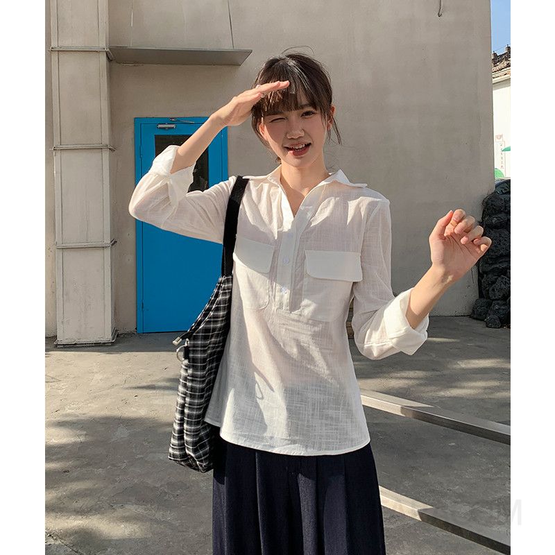 여성 캐주얼 데일리 면 자수 브이넥 오픈카라 더블포켓 루즈핏 롱슬리브 셔츠 블라우스 아우터 겸용 상의 이미지 7
