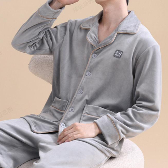 무지 라운드넥 바지 수면잠옷 커플 상하세트 극세사 겨울 잠옷 남자 주머니 - 상품 이미지