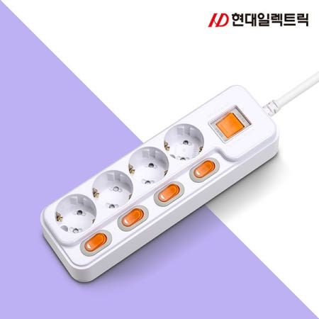 국제미디어 현대일렉트릭 국내생산 개별+과부하차단 4구 3M (16A) 화이트 / HMP 43