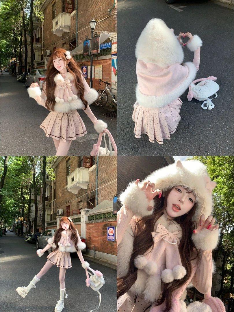 공주풍 양산형 로리타룩 핑크 겨울세트 퍼케이프 리본 포켓 도트 원피스 이너 쓰리피스 코디세트 - 상세 이미지 4