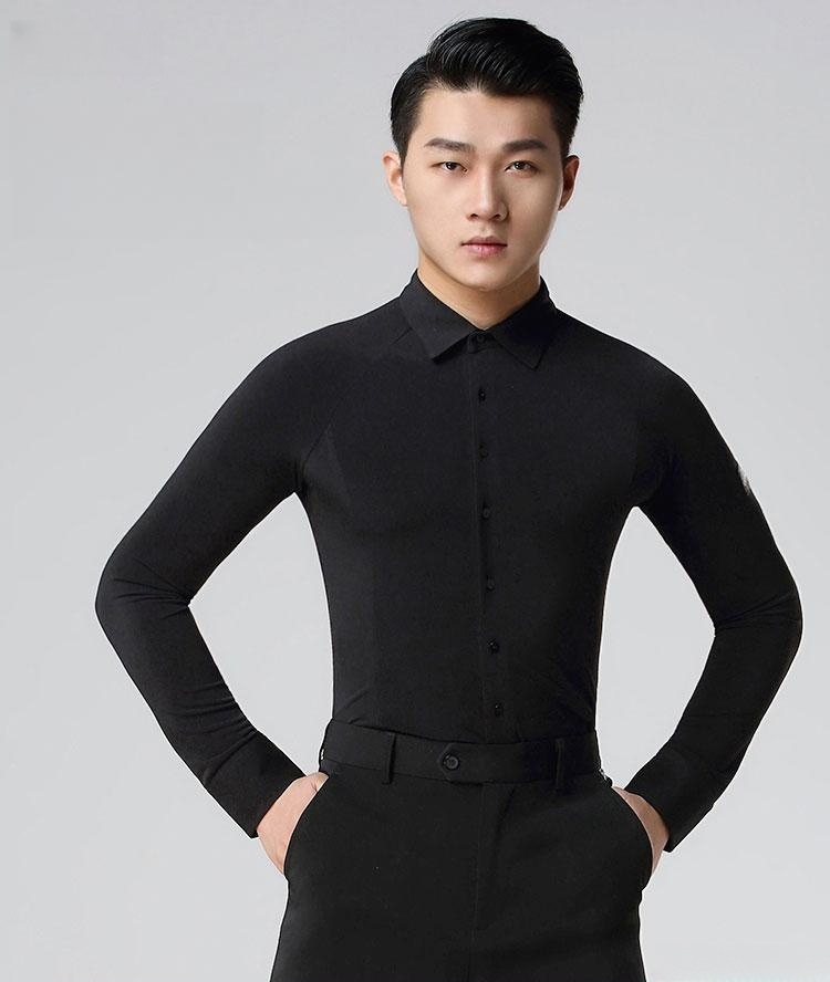 댄스복 상의 남성 공연 S 슬림 사교 스포츠 셔츠 라틴 블랙 S - 상품 이미지