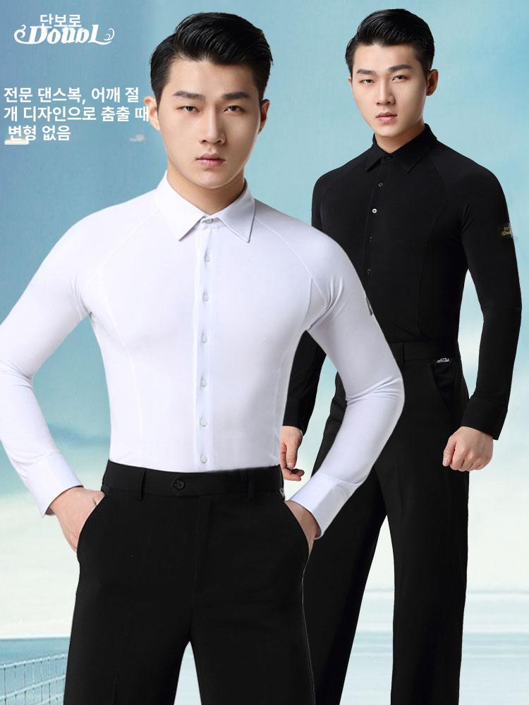 댄스복 상의 남성 공연 S 슬림 사교 스포츠 셔츠 라틴 블랙 S - 상세 이미지 2