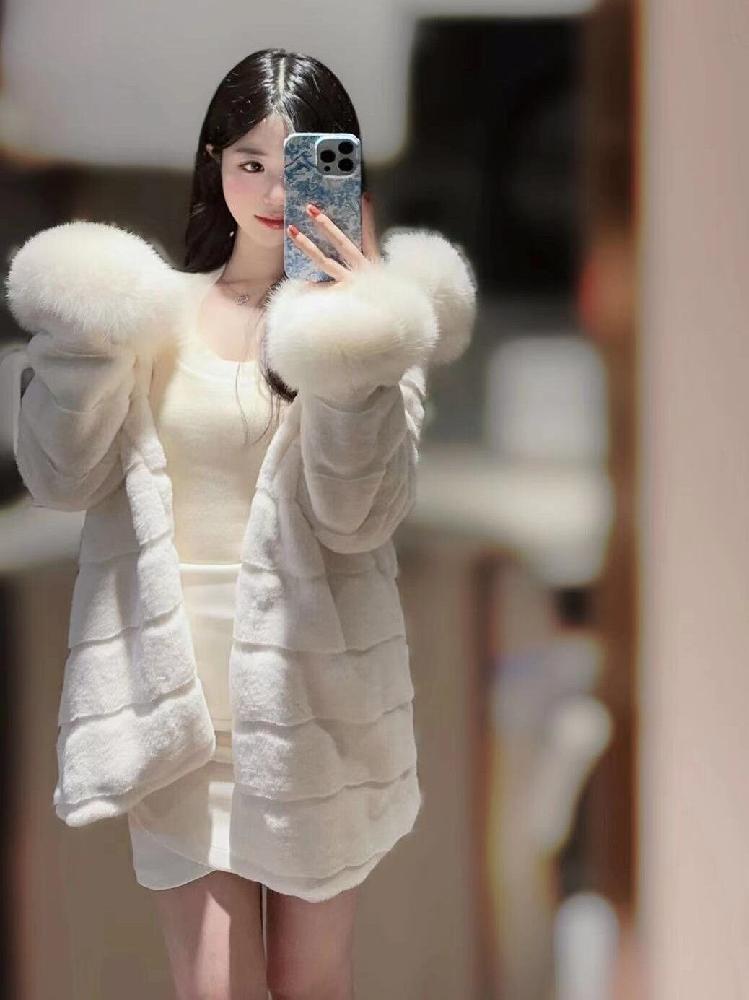 여성 퍼 후드 코트 중장기장 겨울 보온 아우터 하얀색 S - 상세 이미지 2