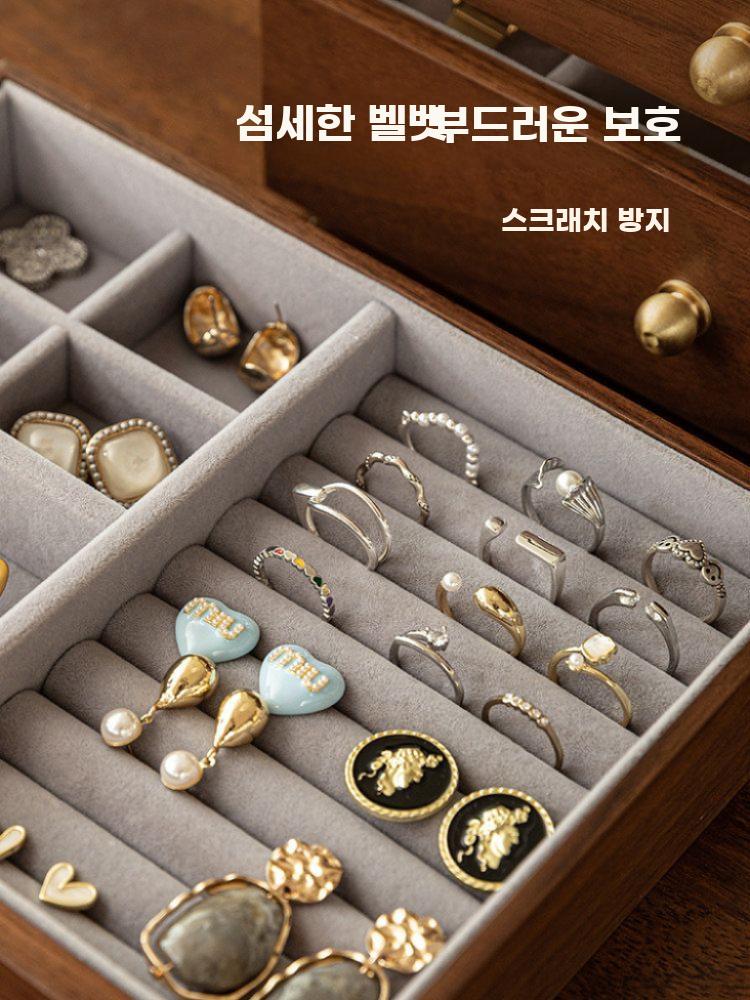 우드 주얼리 보관함 대용량 서랍형 목걸이 반지 귀걸이 호두 3층 투명 유리 - 상세 이미지 3