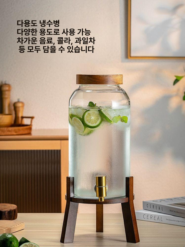 카페물통 워터 디스펜서 우드 뷔페 내열유리 물병 유리병 아카시아 수도꼭지 3L + 프리미엄 받침대 - 상세 이미지 3