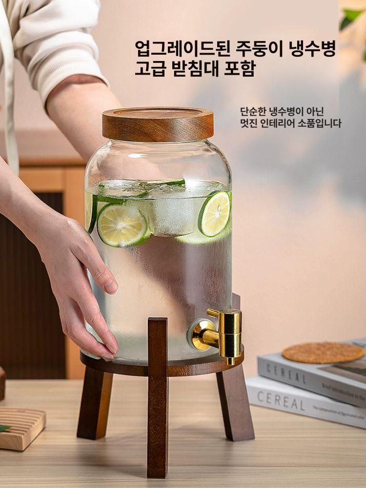 카페물통 워터 디스펜서 우드 뷔페 내열유리 물병 유리병 아카시아 수도꼭지 3L + 프리미엄 받침대 - 상세 이미지 2