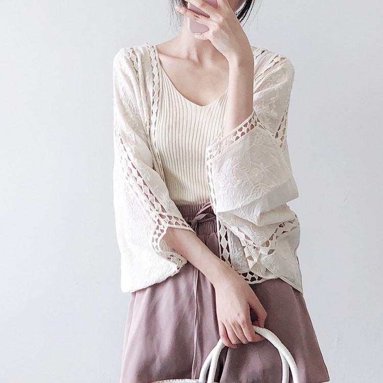 보헤미안 펀칭 가디건 순면 아우터 자수 휴양지룩 여행용 - 상세 이미지 4