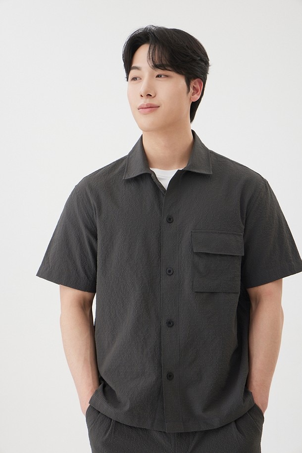 코오롱 브렌우드 남성 써커 셔켓 반팔 셔츠 여름 워셔블 경량 아우터 셋업 가능 캐주얼 셔츠 - 상품 이미지