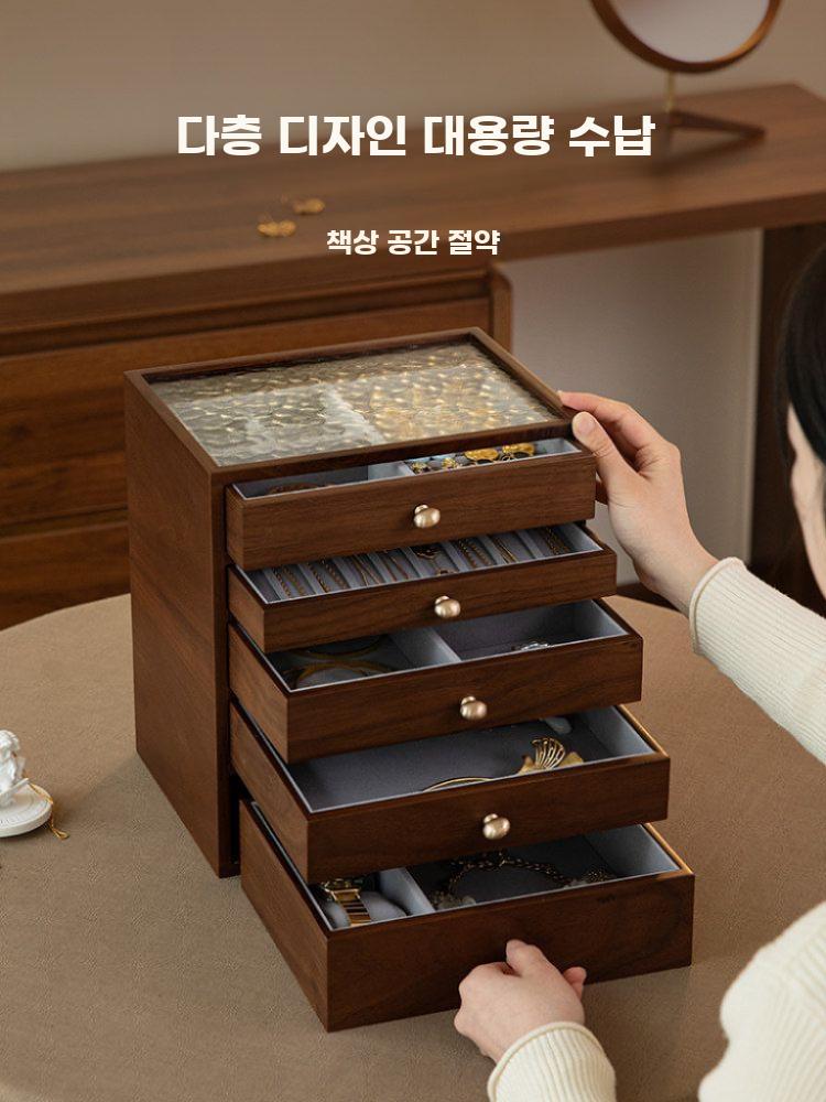 우드 주얼리 보관함 대용량 서랍형 목걸이 반지 귀걸이 호두 3층 투명 유리 - 상세 이미지 2