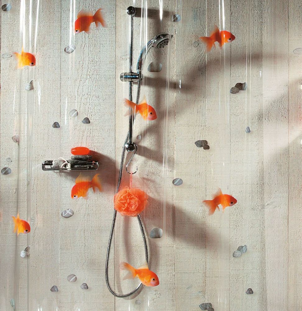 욕실 샤워 커튼 3D PEVA 입체 방수 금붕어 투명 골든피시 플레이잉스톤 180x200cm (폭x높이) 행잉링 포함 - 상품 이미지