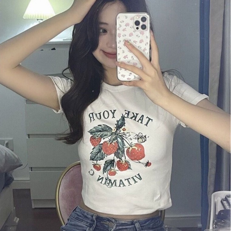 지니몰 여자 러블리 배꼽티 티셔츠 면 크롭 반팔티 프린팅 - 상품 이미지