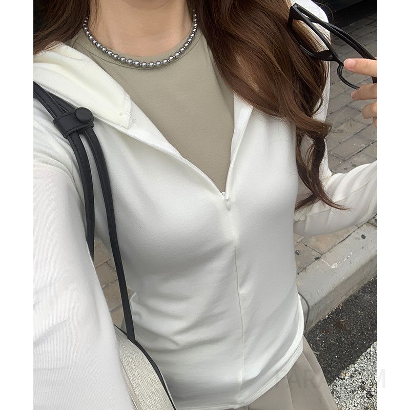 여성 데일리 캐주얼 슬림핏 코튼 혼방 베이직 후드 집업 긴팔 티셔츠 가디건 이너웨어 소프트 스판 무지 지퍼 후드티 레이어드 - 상세 이미지 5