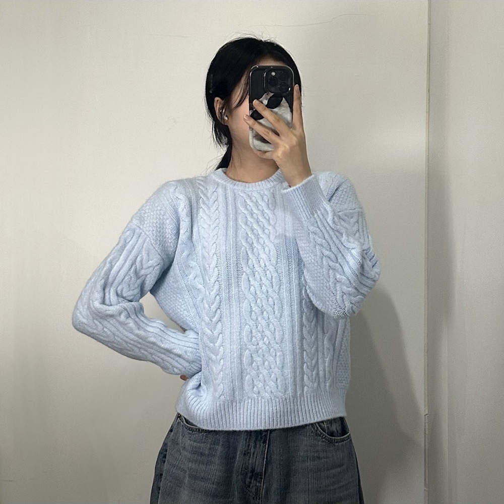여성 꽈배기 라운드 니트 티 4color 데일리 레드 빨간 블루 코발트블루 초록 하늘 색 - 상세 이미지 5