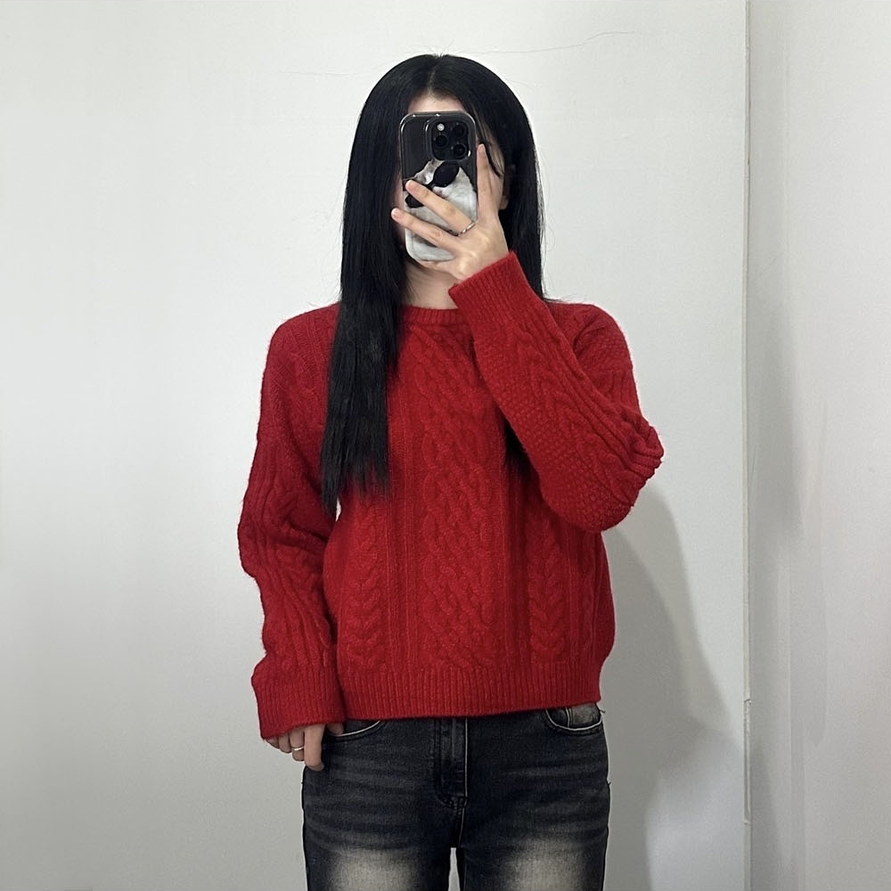 여성 꽈배기 라운드 니트 티 4color 데일리 레드 빨간 블루 코발트블루 초록 하늘 색 - 상세 이미지 2