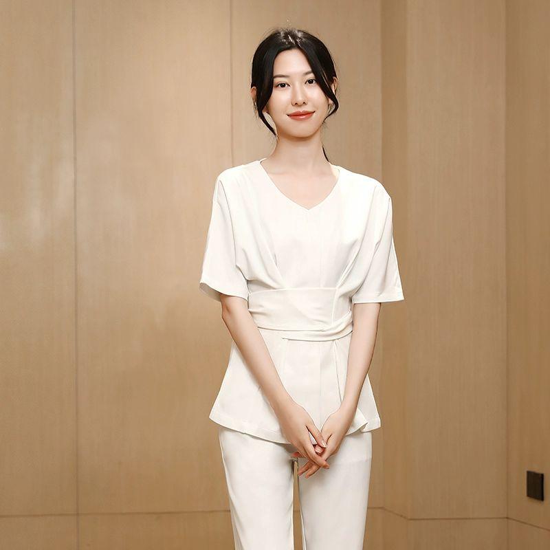스파 마사지사 유니폼 화이트 피부관리사 반소매 미용사 핑크레드 7부 소매 M - 상세 이미지 3