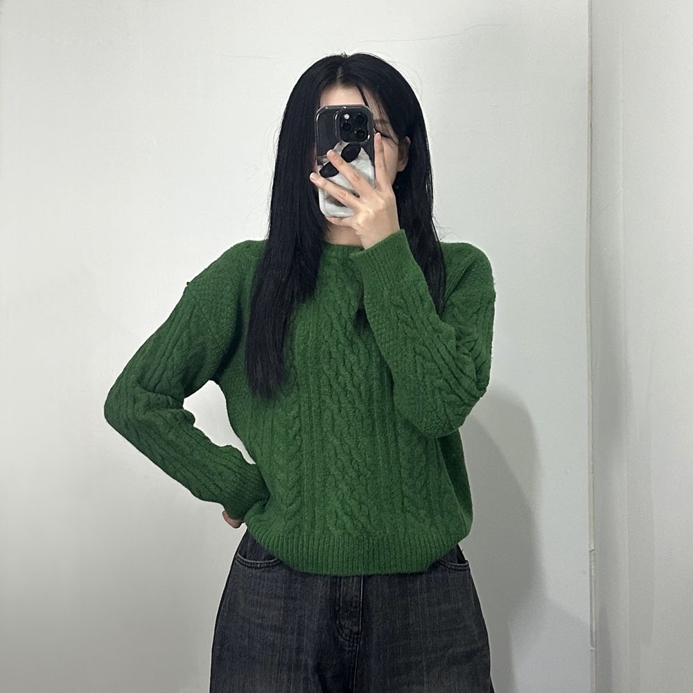 여성 꽈배기 라운드 니트 티 4color 데일리 레드 빨간 블루 코발트블루 초록 하늘 색 - 상세 이미지 3