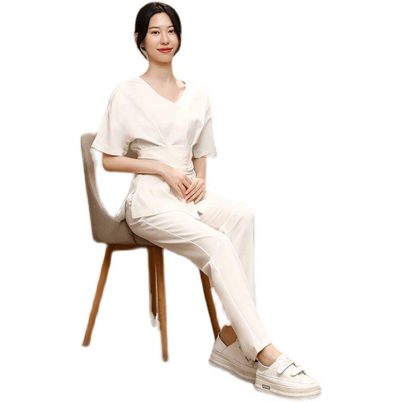 스파 마사지사 유니폼 화이트 피부관리사 반소매 미용사 핑크레드 7부 소매 M - 상세 이미지 5