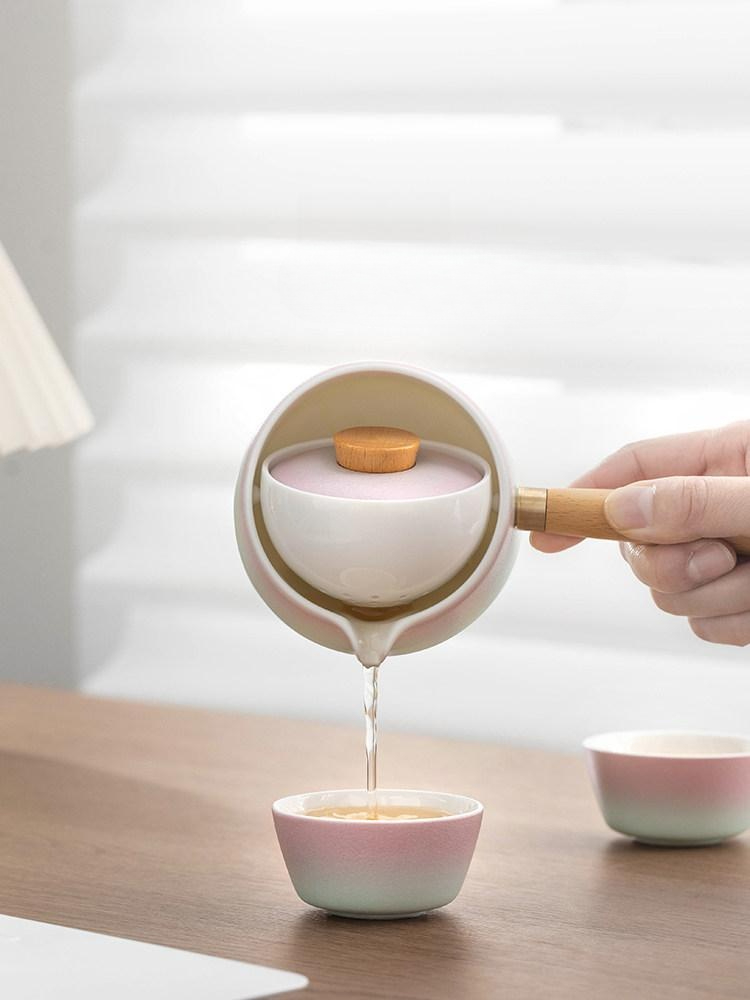 세라믹 티포트 찻잔 세트 도자기 여행용 거름망 주전자 회전 아쿠아그린 + 찻잔 2개 201ml 에서 300ml - 상품 이미지
