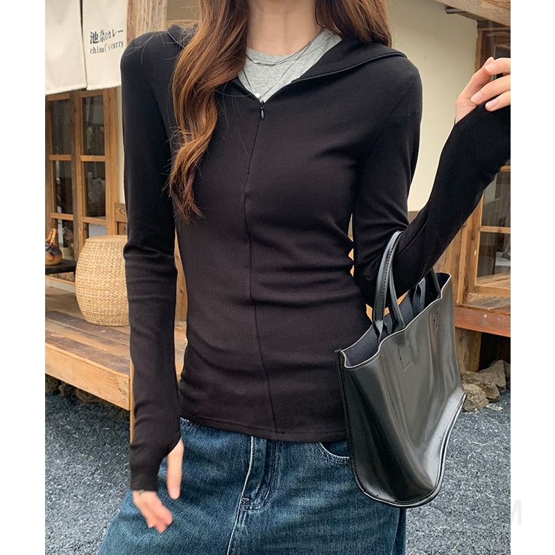 여성 데일리 캐주얼 슬림핏 코튼 혼방 베이직 후드 집업 긴팔 티셔츠 가디건 이너웨어 소프트 스판 무지 지퍼 후드티 레이어드 - 상세 이미지 4