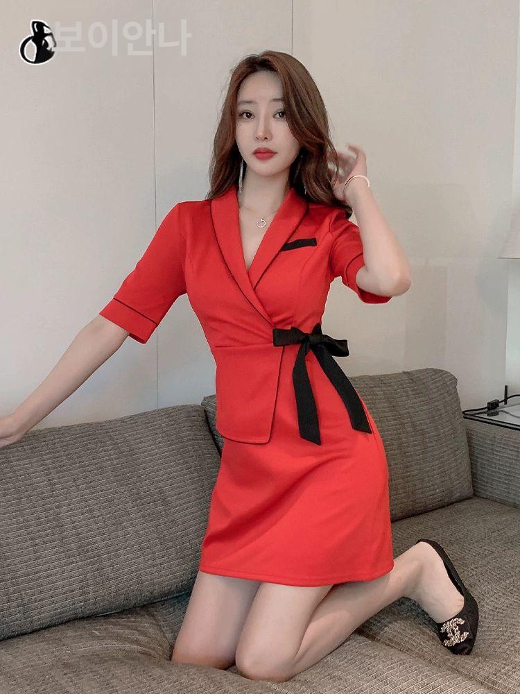 에스테틱 관리사 미용 유니폼 의상 네이비블루 살구베이지T1675 S - 상세 이미지 4