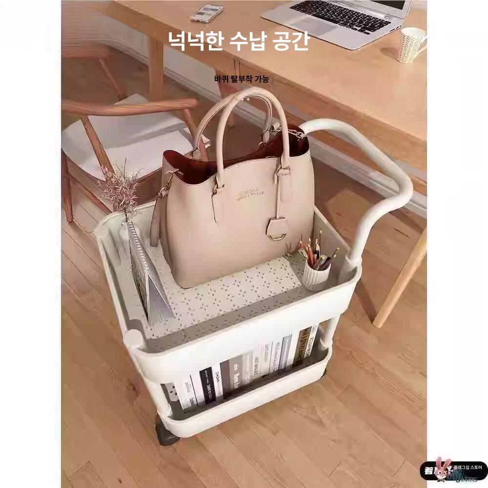 북웨건 이동식 선반 2단 바퀴형 PP 플라스틱 내구성 깊은 수납 침실 거실 데스크탑 기본 1칸 블랙 없음 봉 없음 - 상세 이미지 3