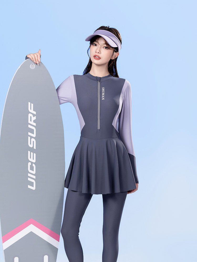 체형커버 여성 올인원 래쉬가드 래시가드 원피스 긴팔 긴바지 수영복 자외선차단 퍼플 M - 상세 이미지 2
