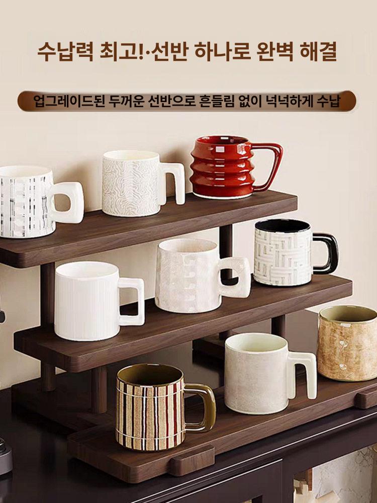 대나무 찻잔 거치대 정리대 다도 3단 보관 차도구 선반 블랙월넛 계단형 선반 3 칸 - 상세 이미지 4