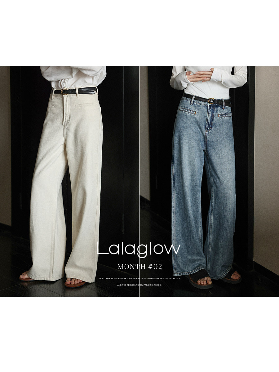 Lalaglow 여성 와이드청바지 화이트 데님 바지 - 상세 이미지 2