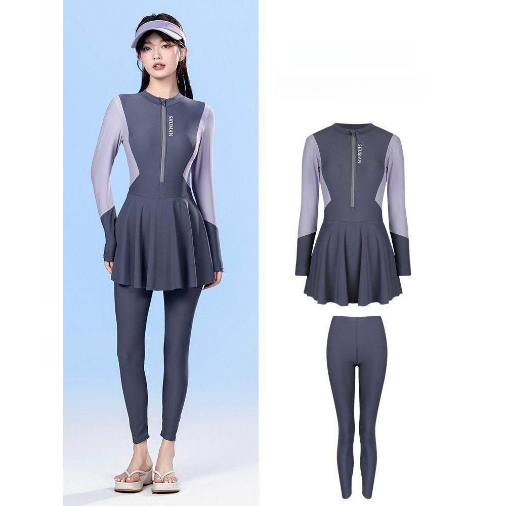 체형커버 여성 올인원 래쉬가드 래시가드 원피스 긴팔 긴바지 수영복 자외선차단 퍼플 M - 상품 이미지