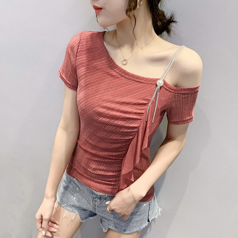 여성 라틴 댄스복 반팔 상의 언발란스 브이넥 반짝이 스판 글리터 셔링 주름 장식 단추 - 상세 이미지 3