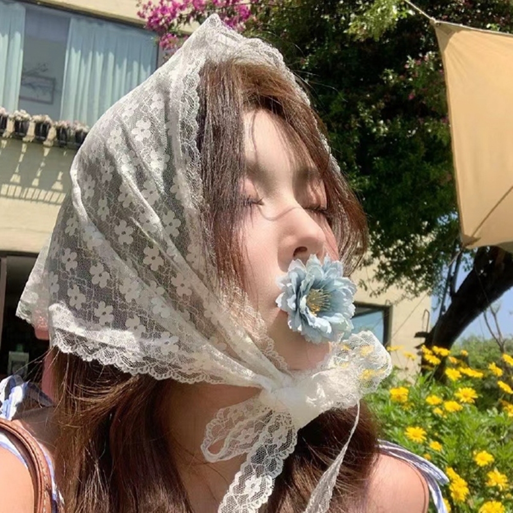 레이스 두건 삼각 스카프 헤어 레이어드 - 상품 이미지
