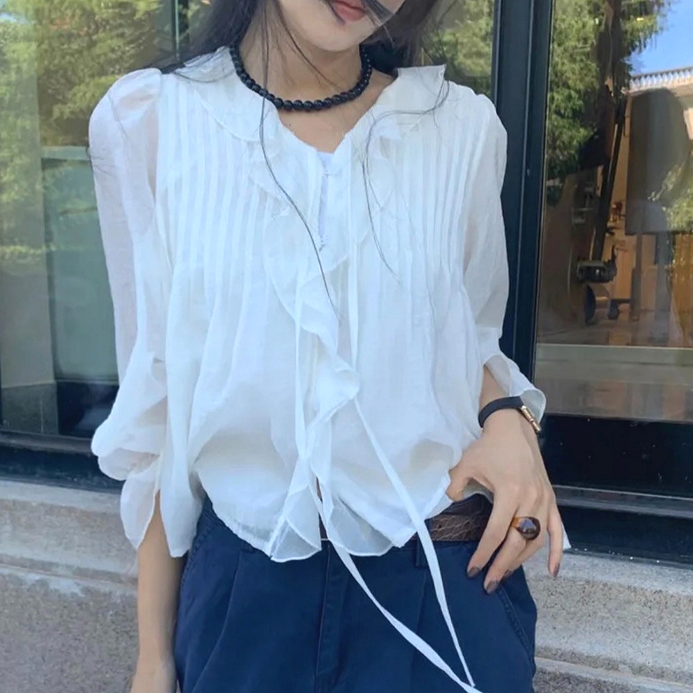 에튼 프릴블라우스 셔링블라우스 레이스 리본 오버핏 면접 러플 시스루 레이어드 셔츠 - 상품 이미지