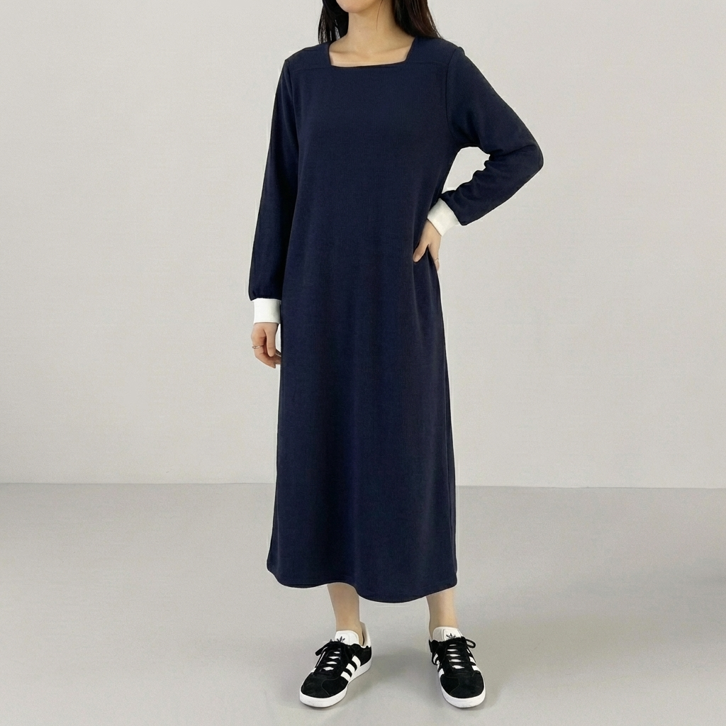 스퀘어넥롱원피스 배색소매롱 박스핏원피스 H라인오버핏홈웨어 빅사이즈데일리룩 이미지 7