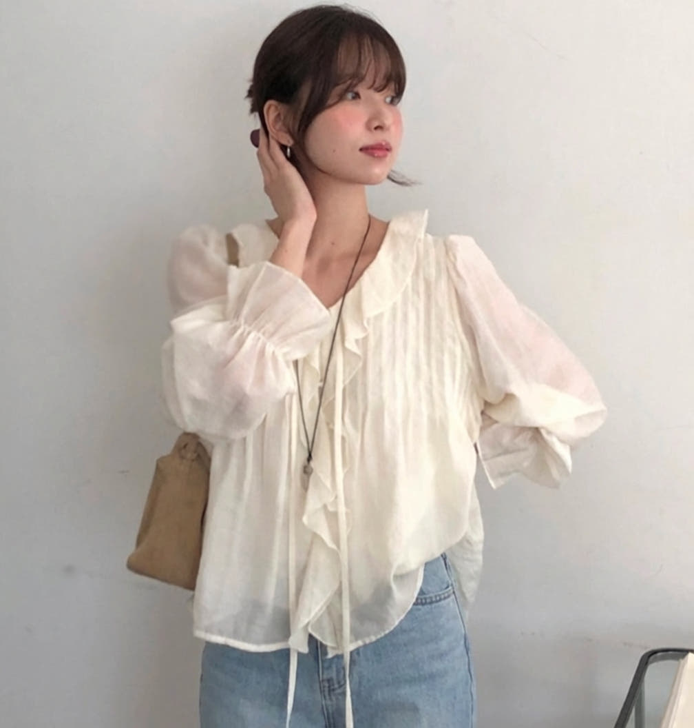 에튼 프릴블라우스 셔링블라우스 레이스 리본 오버핏 면접 러플 시스루 레이어드 셔츠 - 상세 이미지 2