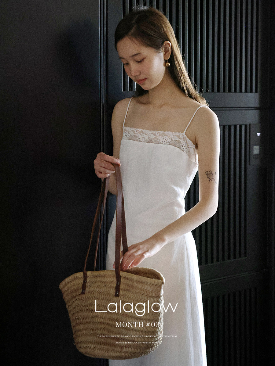 Lalaglow 레이스 뷔스티에 봄 레이어드 린넨 원피스 끈나시 롱 슬립 여름원피스 - 메인 이미지