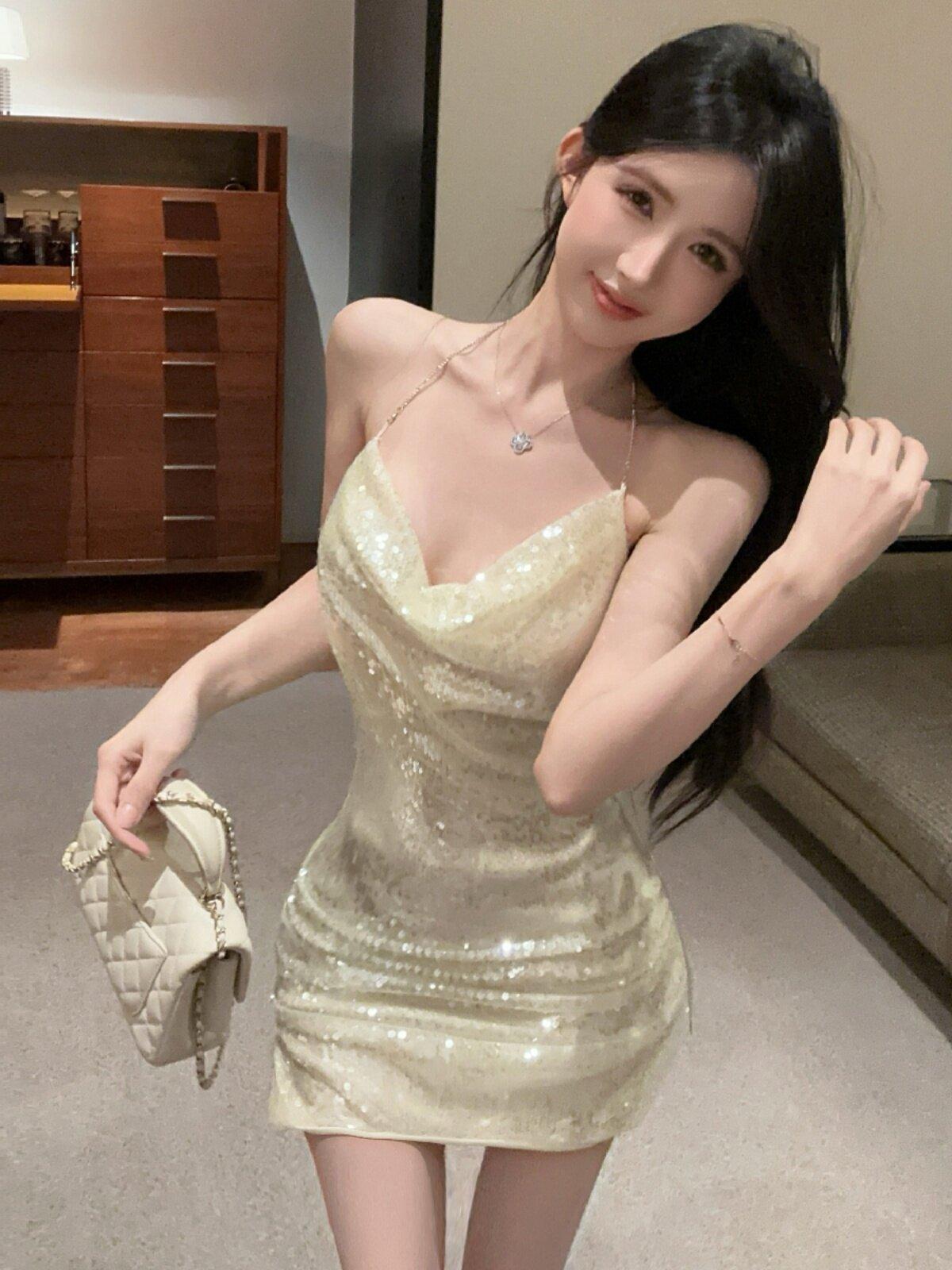 끈 홀터넥 오픈백 스팽글 미니 홀복원피스 슬림핏 - 상세 이미지 2