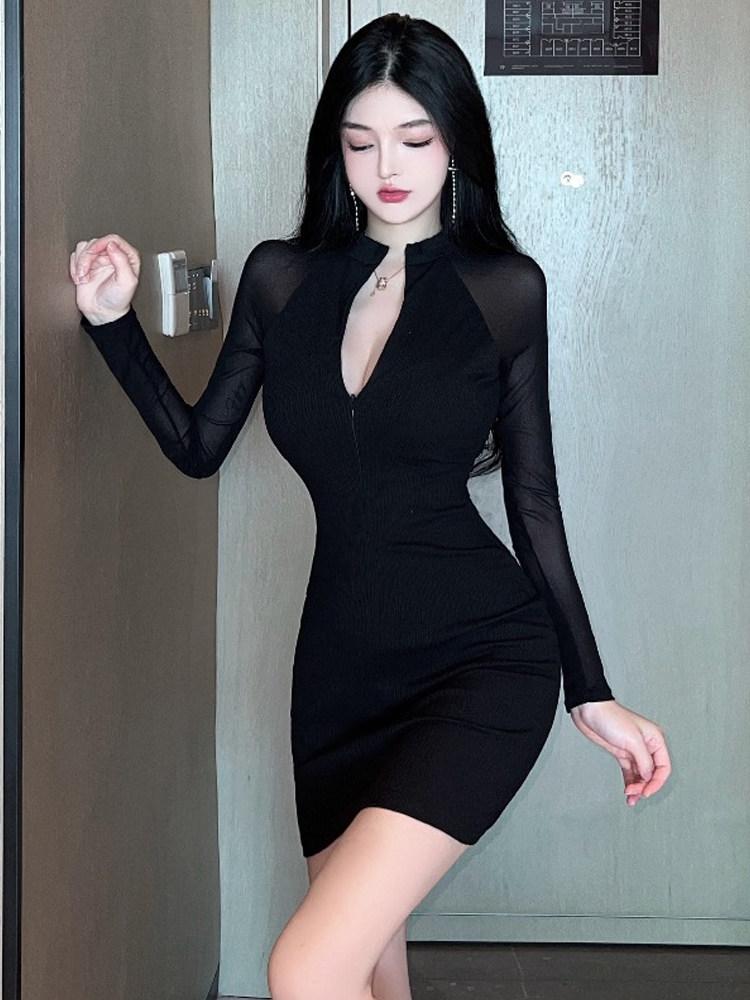 섹시원피스 명품 골지 홀복 클럽의상 블랙 노카라 집업브이넥 시스루긴팔 - 상세 이미지 4
